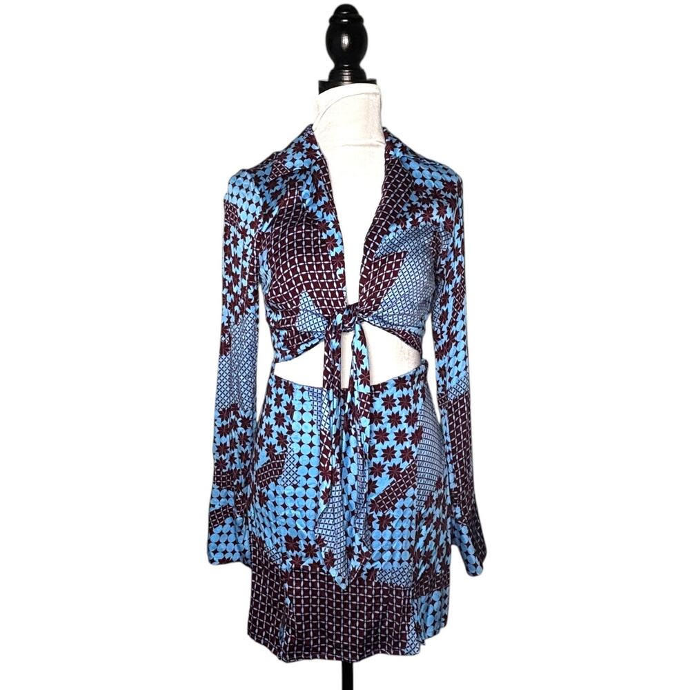 Free People Mini Dress Blue Brown Mixed Print Size Small